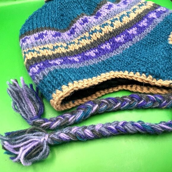 Gypsy Rose Handmade Knit Beanie Hat Chullo Fleece Lined Pom Braids Peruvian Boho - Picture 3 of 11